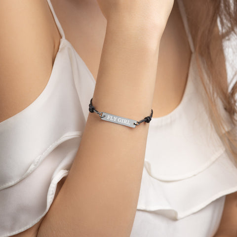 Fly Girl Engraved Silver Bar String Bracelet